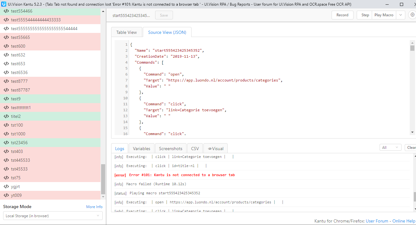 Tab Not Found And Connection Lost Error 101 Kantu Is Not Connected To A Browser Tab Bug Reports Ui Vision Rpa Software Forum Discuss Rpa Automation Selenium Ide And