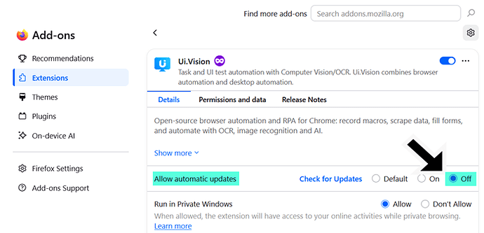 How to disable extension auto-upgrade in Firefox