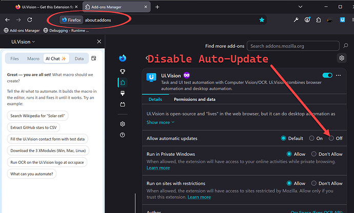 **Disable auto update for firefox extension**